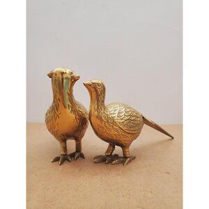 Vintage pair of solid brass male and female pheasants, antique brass bird